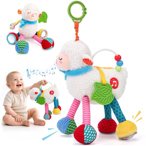 hahaland Baby Toys 0-6 Months - Baby Sensory Toys 0-3-6 Months Car Seat Toy Hanging - Musical Animals with Pull String Rattle Teether Crinkle Mirror, Crib Stroller Toy Tummy Time Babies Girl Boy Gifts - Image 1