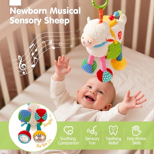 hahaland Baby Toys 0-6 Months - Baby Sensory Toys 0-3-6 Months Car Seat Toy Hanging - Musical Animals with Pull String Rattle Teether Crinkle Mirror, Crib Stroller Toy Tummy Time Babies Girl Boy Gifts - Image 2