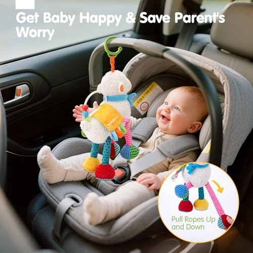 hahaland Baby Toys 0-6 Months - Baby Sensory Toys 0-3-6 Months Car Seat Toy Hanging - Musical Animals with Pull String Rattle Teether Crinkle Mirror, Crib Stroller Toy Tummy Time Babies Girl Boy Gifts - Image 5