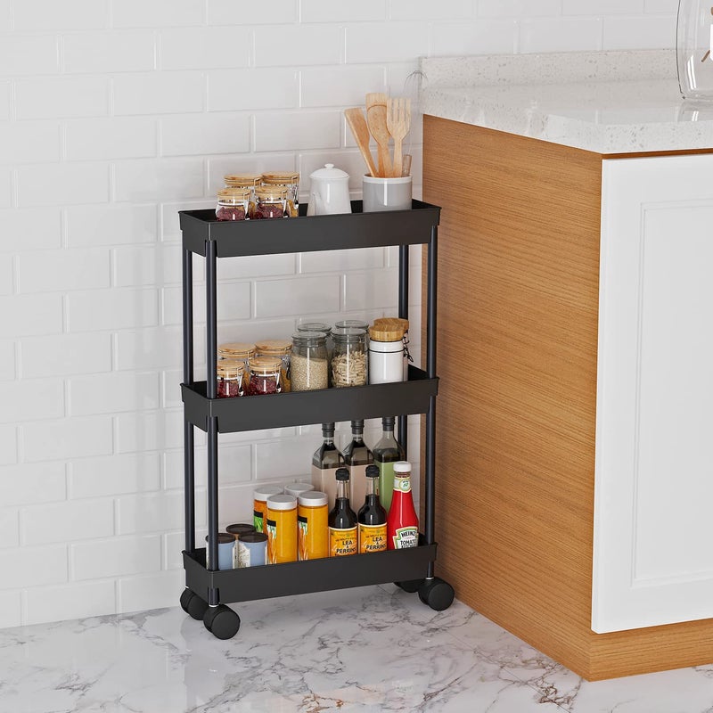 Sooyee 3-Tier Rolling Cart with Wheels, Slim Narrow Storage Cabinet, Under Desk Storage Organizer for Office, Bathroom, Kitchen, Laundry Room, Narrow Places, Black - Image 2