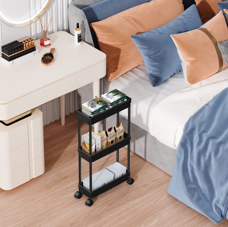 Sooyee 3-Tier Rolling Cart with Wheels, Slim Narrow Storage Cabinet, Under Desk Storage Organizer for Office, Bathroom, Kitchen, Laundry Room, Narrow Places, Black - Image 3