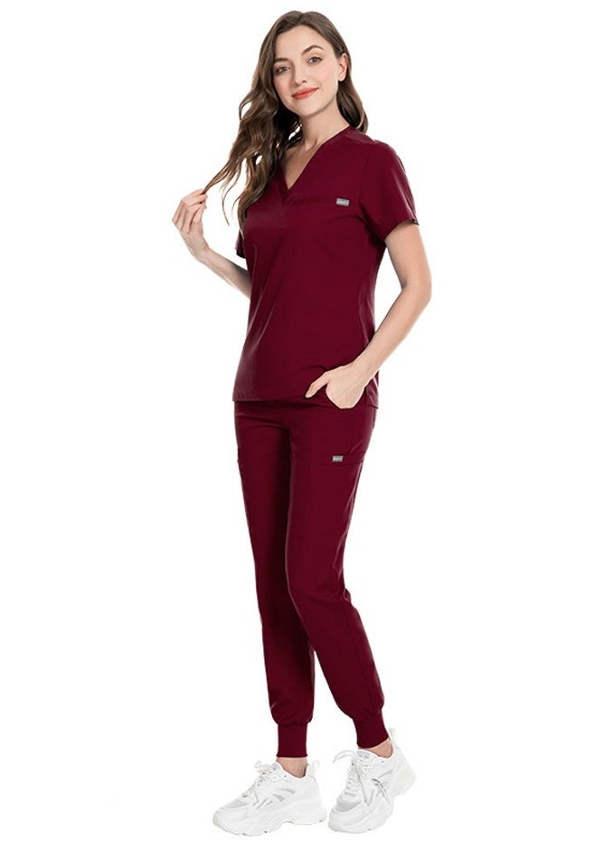 Loquat Unisex Medical Uniform Scrubs 2 Piece Set V-Neck Top and Elastic Waist Jogger Pants Suit Wine Red  - Image 1