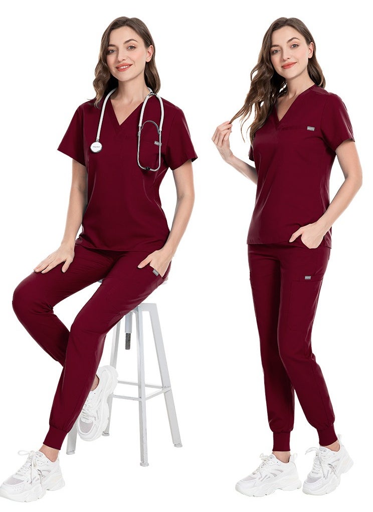 Loquat Unisex Medical Uniform Scrubs 2 Piece Set V-Neck Top and Elastic Waist Jogger Pants Suit Wine Red  - Image 2