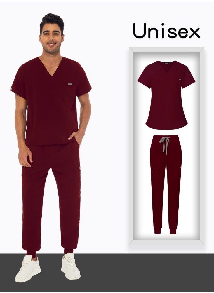 Loquat Unisex Medical Uniform Scrubs 2 Piece Set V-Neck Top and Elastic Waist Jogger Pants Suit Wine Red  - Image 3