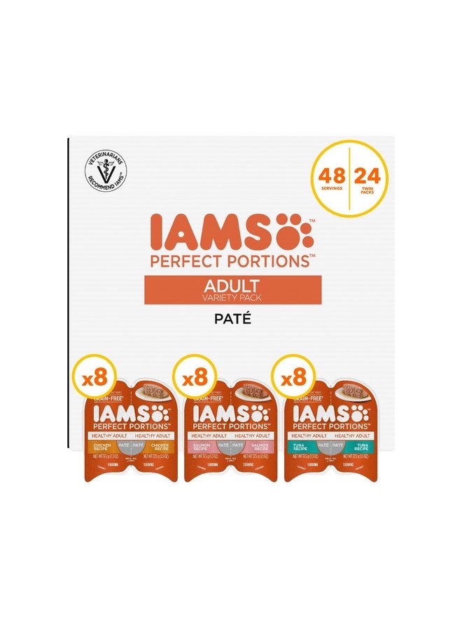 IAMS Perfect Portions Adult Wet Cat Food Paté Variety Pack, Chicken, Salmon, and Tuna Recipes, 2.6 oz. Easy Peel Twin-Pack Trays (24 Count, 48 Servings) - Image 1