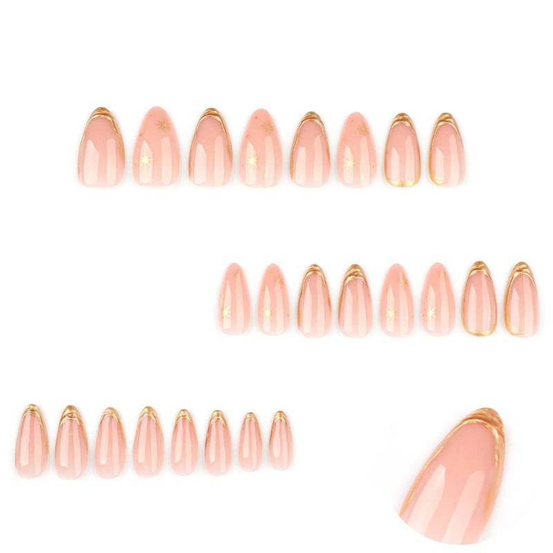 Foccna Press on Nails Almond Fake Nails with Gold Line Design Glue on Nails Acrylic Nails Glossy Full Cover Stick on Nails for Women 24Pcs - Image 2