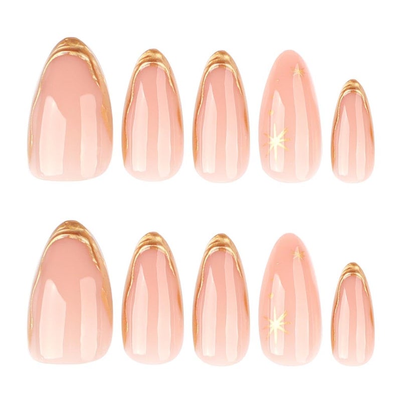 Foccna Press on Nails Almond Fake Nails with Gold Line Design Glue on Nails Acrylic Nails Glossy Full Cover Stick on Nails for Women 24Pcs - Image 4