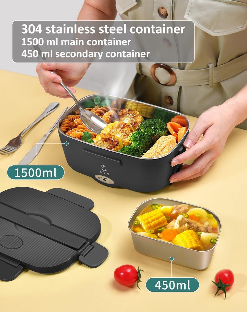 STN Heated Lunch Boxes For Adults,Efficient Electric Lunch Box Set with Removable 304 SS Container (1.5 L+ 0.45 L),Insulated Bags,Big Cutlery Set for 12v 24v 110v - Image 2