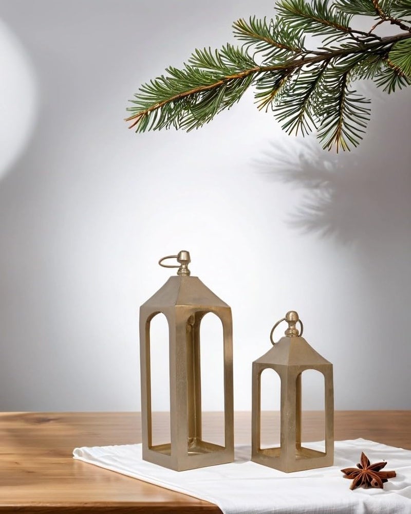 QH QDORE HOME Qdore Home Starburst Candle Lanterns Set of 2 Candle Lighting Decor Home Decorative Recycled Aluminiu Metal Premium Gold Plated Finish with 2 Candles Made in India  - Image 4