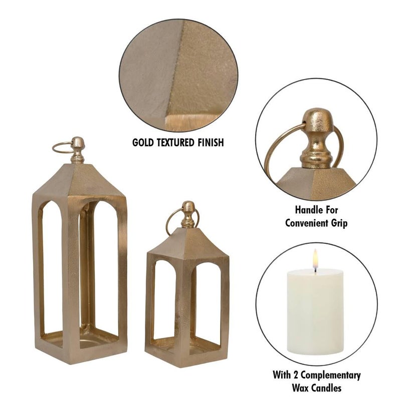 QH QDORE HOME Qdore Home Starburst Candle Lanterns Set of 2 Candle Lighting Decor Home Decorative Recycled Aluminiu Metal Premium Gold Plated Finish with 2 Candles Made in India  - Image 2