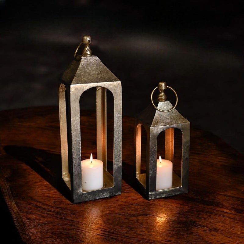 QH QDORE HOME Qdore Home Starburst Candle Lanterns Set of 2 Candle Lighting Decor Home Decorative Recycled Aluminiu Metal Premium Gold Plated Finish with 2 Candles Made in India  - Image 1