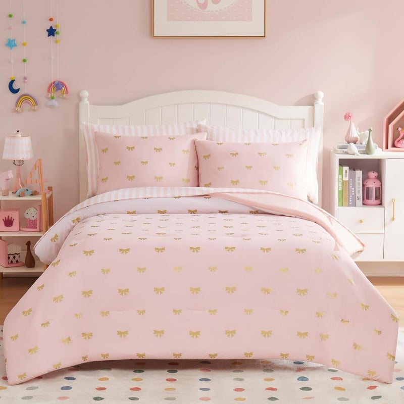 Wink Deer Twin Comforter Set with Sheets for Girls-5 Pieces Twin Bedding Sets with Pink Comforter, Sheets, Pillowcase & Sham for Kids (Pink Gold Bow, 66" X 86") - Image 1