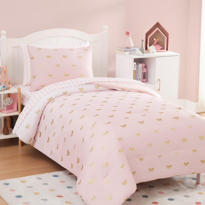 Wink Deer Twin Comforter Set with Sheets for Girls-5 Pieces Twin Bedding Sets with Pink Comforter, Sheets, Pillowcase & Sham for Kids (Pink Gold Bow, 66" X 86") - Image 5