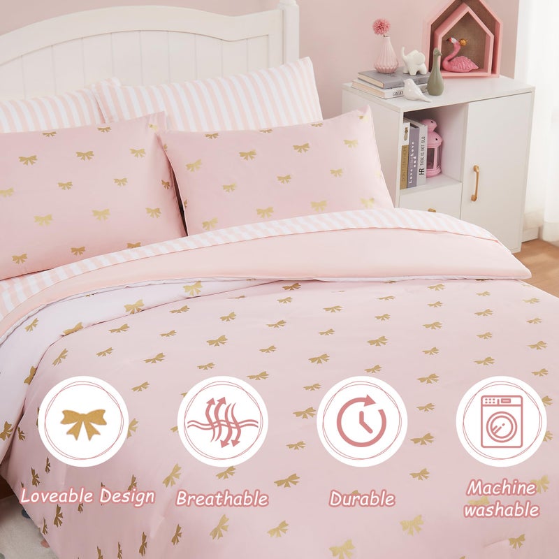 Wink Deer Twin Comforter Set with Sheets for Girls-5 Pieces Twin Bedding Sets with Pink Comforter, Sheets, Pillowcase & Sham for Kids (Pink Gold Bow, 66" X 86") - Image 3