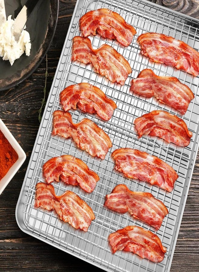 E-far Stainless Steel Baking Sheet with Rack Set, E-far 12.4”x9.7” Cookie Sheet Broiling Pan for Oven, Rimmed Metal Tray with Wire Rack for Cooking/Baking/Cooling/Bacon, Non-toxic & Dishwasher Safe - Image 4