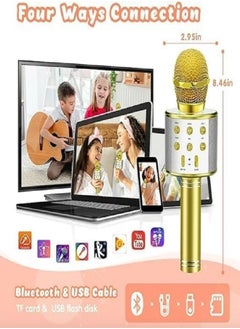 Generic Handheld Wireless Singing Mike Multi-Function Bluetooth Karaoke Mic with Microphone Speaker for All Smart Phones (Gold)  - Image 2