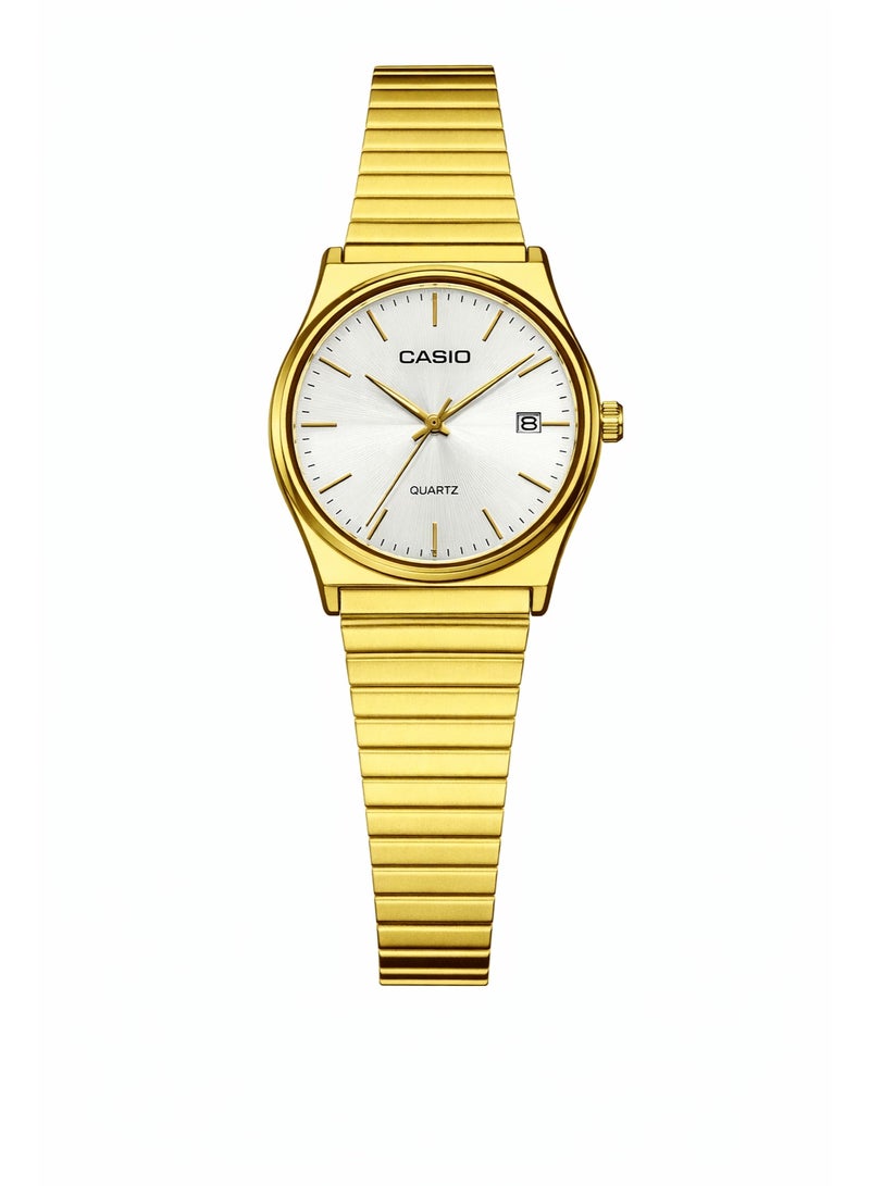 ساعة كاسيو كوارتز من الفولاذ المقاوم للصدأ باللون الذهبي - مينا أبيض مع عرض التاريخ