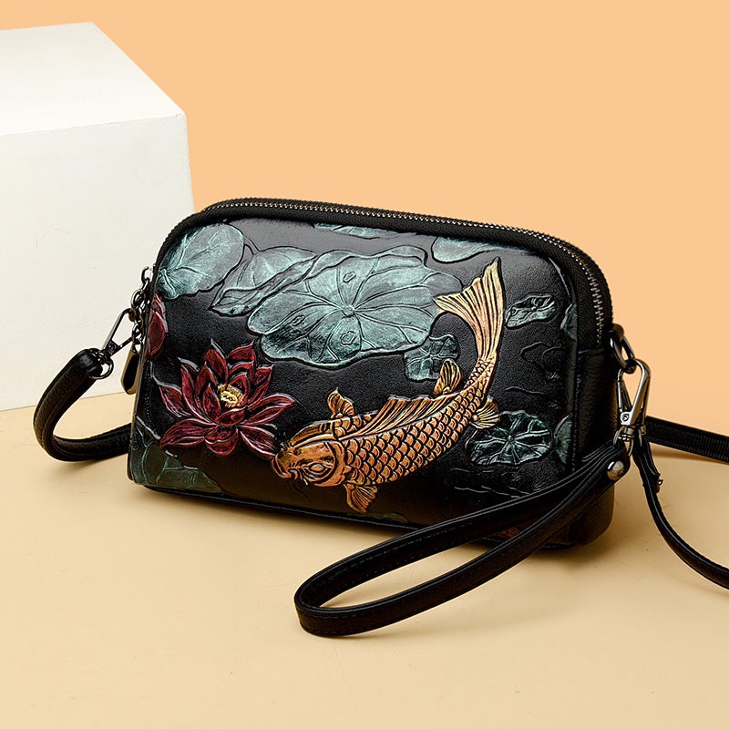 2024 Retro Printed Bag With Embossed Goldfish Design, Color-Washed Large-Capacity Shoulder And Crossbody Shell Clutch In An Artistic Style - Image 3