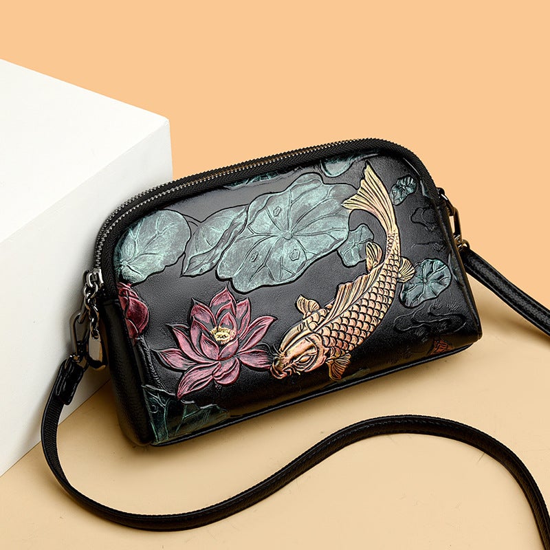 2024 Retro Printed Bag With Embossed Goldfish Design, Color-Washed Large-Capacity Shoulder And Crossbody Shell Clutch In An Artistic Style - Image 2