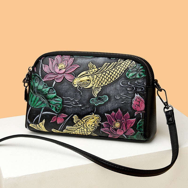 2024 Retro Printed Bag With Embossed Goldfish Design, Color-Washed Large-Capacity Shoulder And Crossbody Shell Clutch In An Artistic Style - Image 4