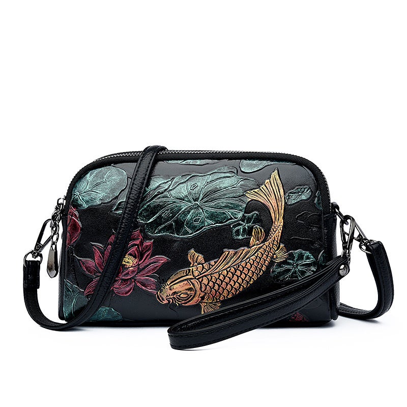 2024 Retro Printed Bag With Embossed Goldfish Design, Color-Washed Large-Capacity Shoulder And Crossbody Shell Clutch In An Artistic Style - Image 1