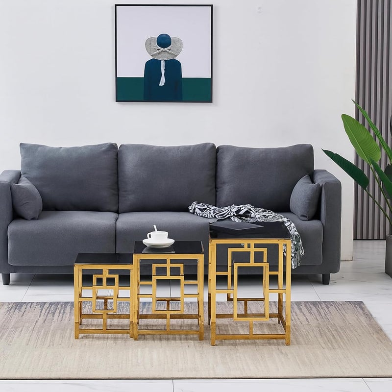 Harmony Home3-Piece Gold Nesting Tables Set | Modern Square Coffee & Side Tables with Black Tempered Glass Top | Space-Saving Living Room Accent Table Set for Home, Office & Apartment Décor - Image 2