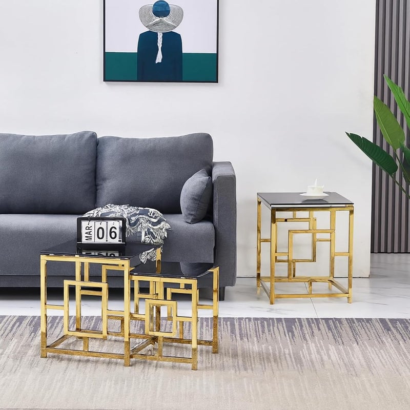Harmony Home3-Piece Gold Nesting Tables Set | Modern Square Coffee & Side Tables with Black Tempered Glass Top | Space-Saving Living Room Accent Table Set for Home, Office & Apartment Décor - Image 3