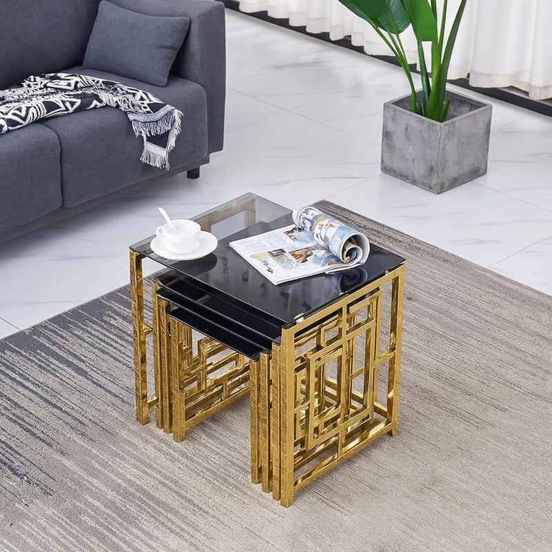 Harmony Home3-Piece Gold Nesting Tables Set | Modern Square Coffee & Side Tables with Black Tempered Glass Top | Space-Saving Living Room Accent Table Set for Home, Office & Apartment Décor - Image 4