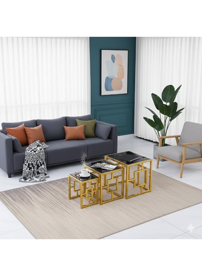 Harmony Home3-Piece Gold Nesting Tables Set | Modern Square Coffee & Side Tables with Black Tempered Glass Top | Space-Saving Living Room Accent Table Set for Home, Office & Apartment Décor - Image 1