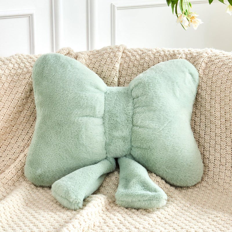 XVTRU Sage Green Bow Pillow  Soft Bow Decorative Pillows with Faux Rabbit Fur  Cute 12"" Bow Throw Pillows  Aesthetic Home Decor Bow Shaped Plush Pillow for Bedroom Sofa Couch - Image 1