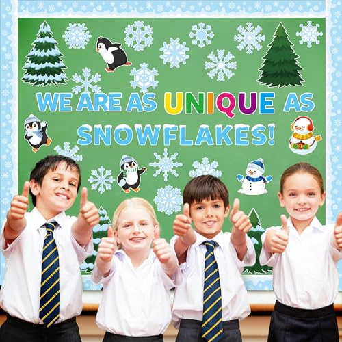BkeeCten Winter Wonderland Bulletin Board - 126 Pcs Featuring Snowflakes Winter Icons on Durable Cardstock Set Glue Points Cute Penguin Snowman Christmas Xmas New Year Classroom Office Bulletin Board - Image 5