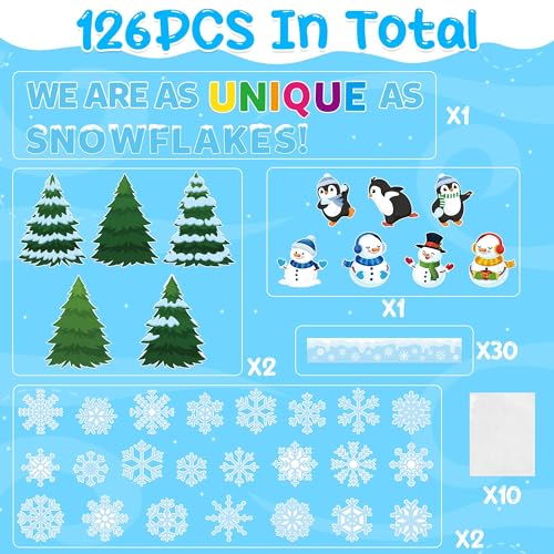 BkeeCten Winter Wonderland Bulletin Board - 126 Pcs Featuring Snowflakes Winter Icons on Durable Cardstock Set Glue Points Cute Penguin Snowman Christmas Xmas New Year Classroom Office Bulletin Board - Image 3