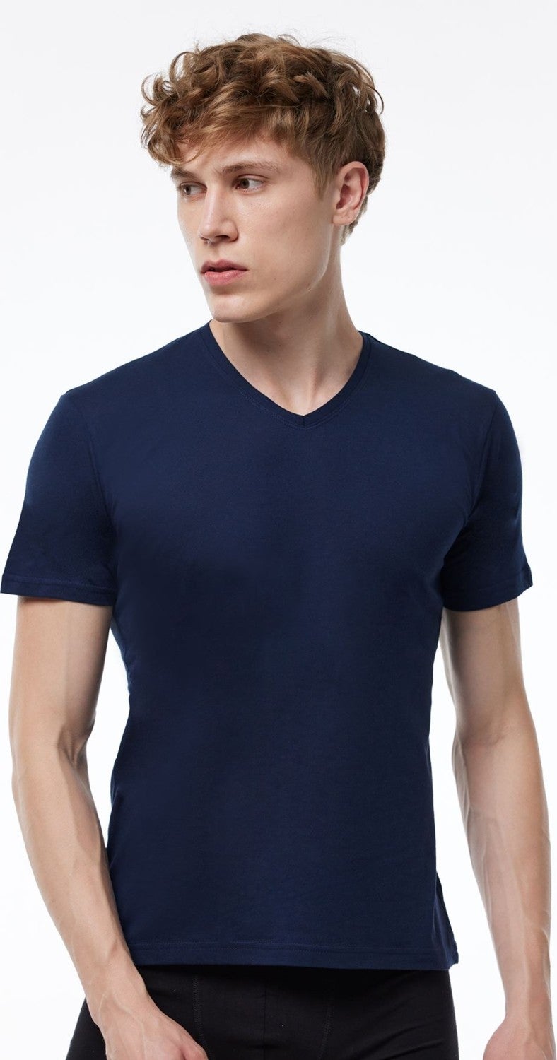 Malabadi Men's Navy Blue 3-Pack Basic V-Neck Thin Modal Summer Cool T-shirt 3M085  - Image 2