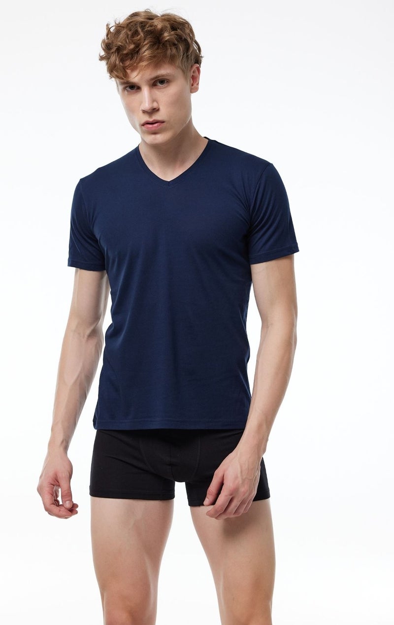 Malabadi Men's Navy Blue 3-Pack Basic V-Neck Thin Modal Summer Cool T-shirt 3M085  - Image 3
