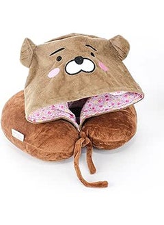 Comfy Neck Support Soft Fiber With Hood Travel Neck Pillow U-Shape For Car, Travel, Office,Airplane and Gifts - Brown