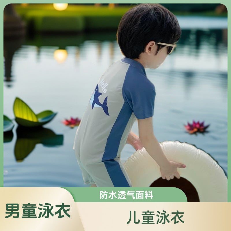 Generic Boys Swimsuit Summer Kidsrens Long-Sleeved Swimsuit Summer Boy Summer New Beach Wear Baby One-Piece Swimsuit Dolphin short sleeves come with a hat