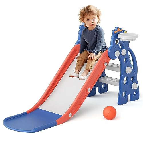 GLAF Toddler Slide Indoor for Toddlers 13 Baby Slide Outdoor Playset with Basketball Hoop and Ball Plastic Foldable Slides for Kids Backyard Climber Set Blue - Image 1