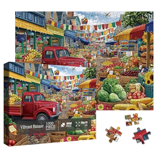 Larkipuzz Colorful Farmers Market Puzzles for Adults 1000 Pieces Unique Vegetables Fruit Truck Jigsaw Puzzle Difficult Challenging Art Puzzles - Image 1