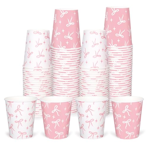 Whaline 100Pcs Pink Bow Paper Cups 9 oz Disposable Coffee Cups Bow Theme Birthday Party Cups for Wedding Bridal Baby Shower Party Supplies