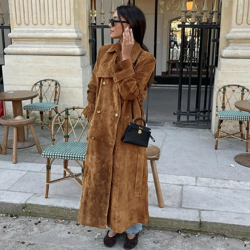 utcoco Womens Faux Suede Long Trench Coat Notched Lapel Double Breasted Pea Coat Overcoat with Belt (Small, Camel) - Image 5