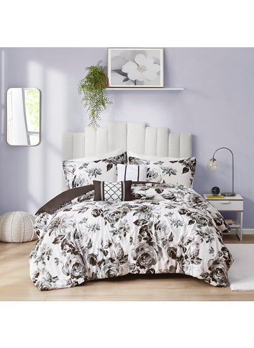 Intelligent Design Intelligent Design Dorsey Comforter Reversible Flower Floral Botanical Printed UltraSoft Brushed All Season BeddingSet KingCalifornia King BlackWhite 5 Piece 