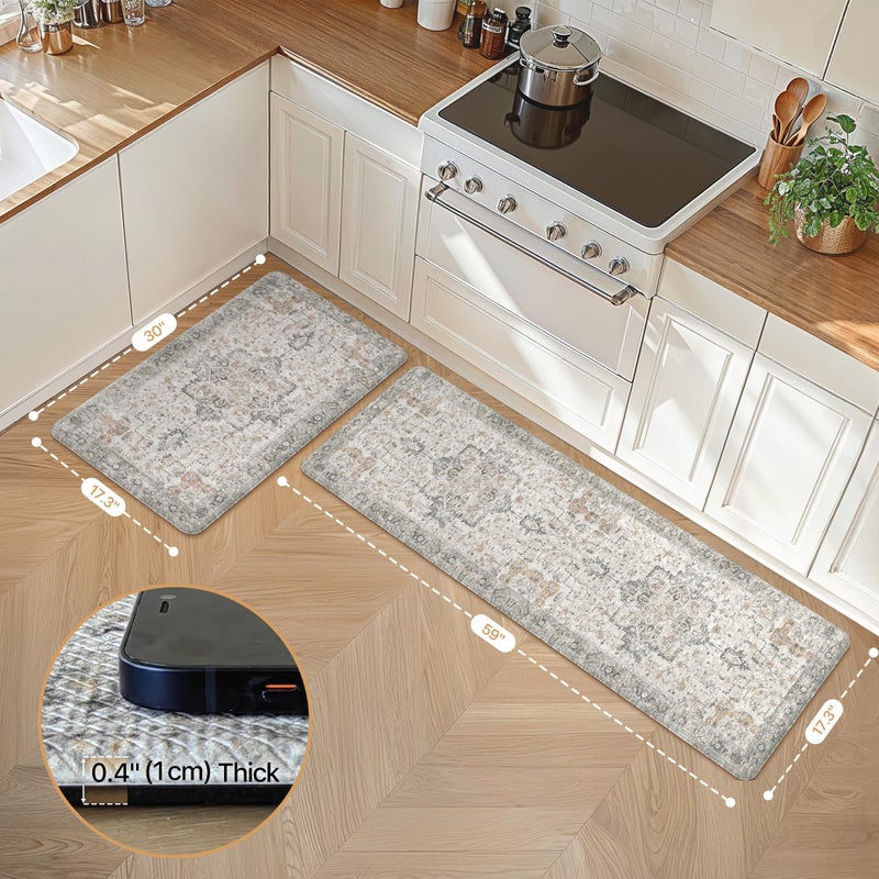 GENIMO Kitchen Mats for Floor 2PCs, Washable Anti Fatigue Mat for Cushioned, 17.3"x59"+17.3"x30", Waterproof Kitchen Rugs, Non Slip Comfort Standing Mat Rug for Home, Sink, Laundry, LightTaupeBrown - Image 2