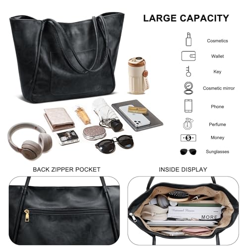 KKXIU Large Tote Bag for Women with Zipper Work Leather Travel Purse and Handbags - Black - Image 3