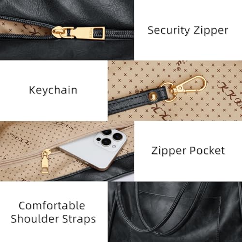KKXIU Large Tote Bag for Women with Zipper Work Leather Travel Purse and Handbags - Black - Image 4