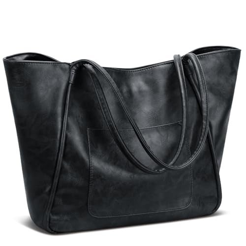 KKXIU Large Tote Bag for Women with Zipper Work Leather Travel Purse and Handbags - Black - Image 1