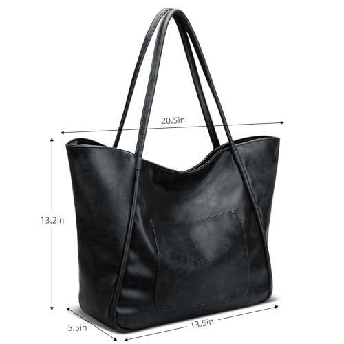 KKXIU Large Tote Bag for Women with Zipper Work Leather Travel Purse and Handbags - Black - Image 5