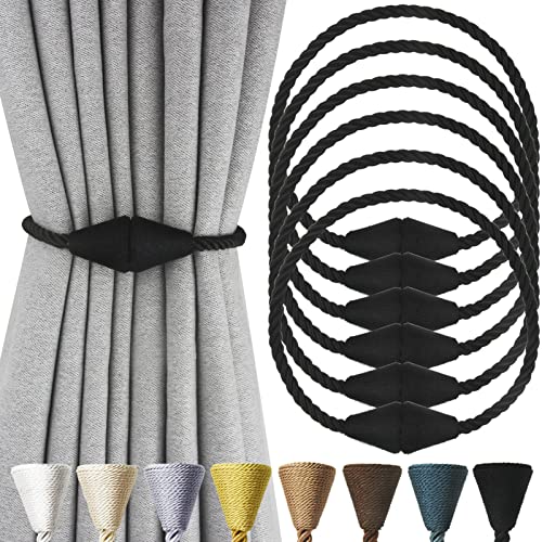 Nieffeiy 6 Pack Magnetic Curtain Tiebacks Rope Modern Handmade Curtain Tie Backs Decorative Drapes Weave Holdbacks for Window Décor, Black - Image 1