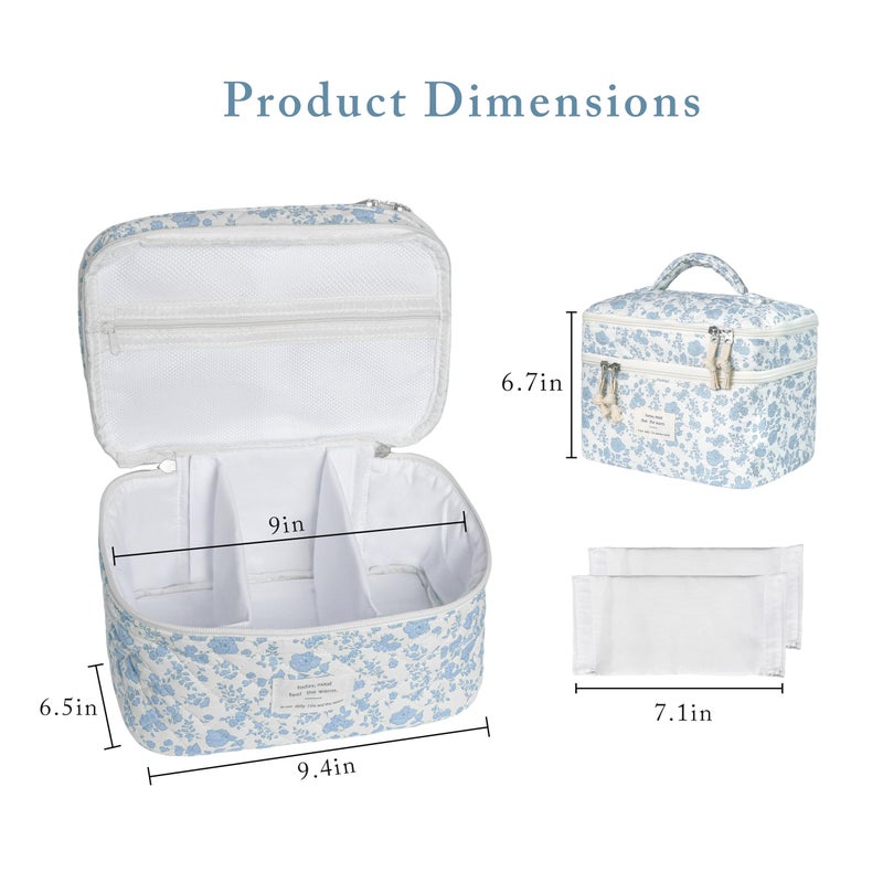 Gosect Quilted Floral Makeup Bag, Double Layer Large Capacity Cosmetic Bag with Compartments, Cute Coquette Aesthetic Toiletry Bag, Portable Travel Organizer with Dividers for Women Girls - Image 3