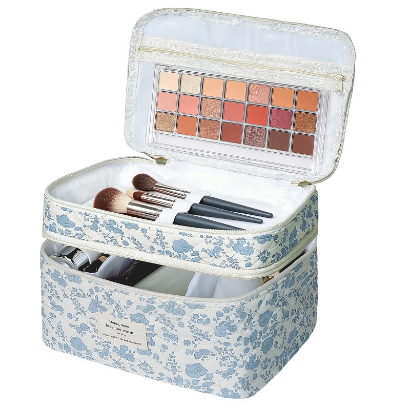 Gosect Quilted Floral Makeup Bag, Double Layer Large Capacity Cosmetic Bag with Compartments, Cute Coquette Aesthetic Toiletry Bag, Portable Travel Organizer with Dividers for Women Girls - Image 1