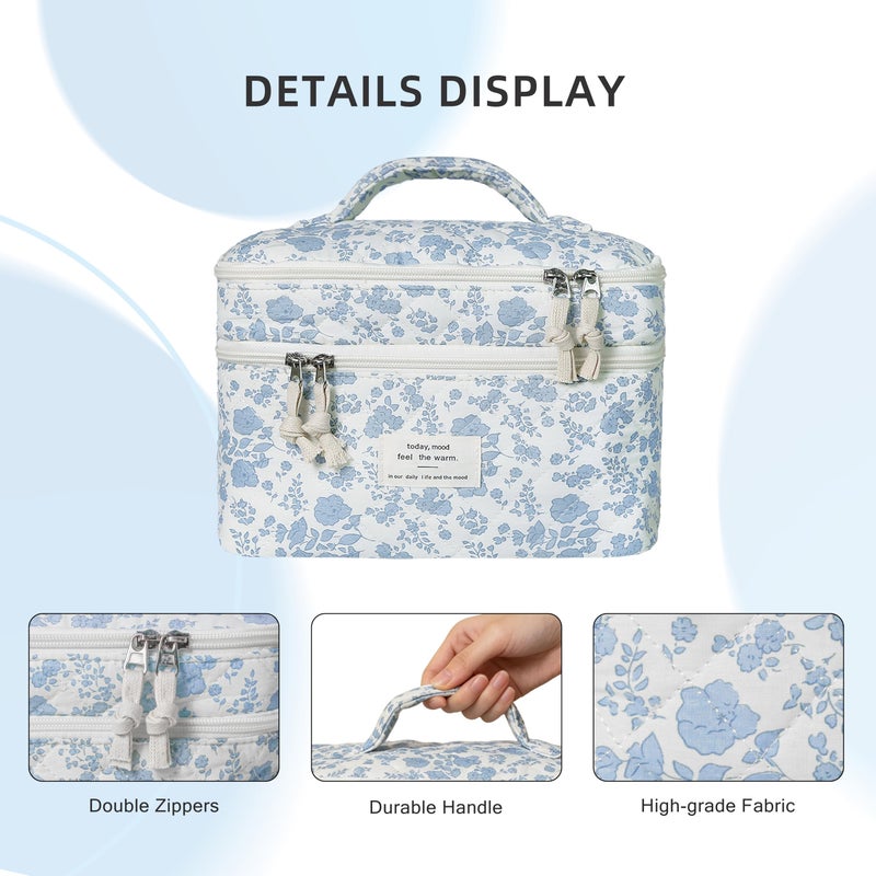Gosect Quilted Floral Makeup Bag, Double Layer Large Capacity Cosmetic Bag with Compartments, Cute Coquette Aesthetic Toiletry Bag, Portable Travel Organizer with Dividers for Women Girls - Image 4
